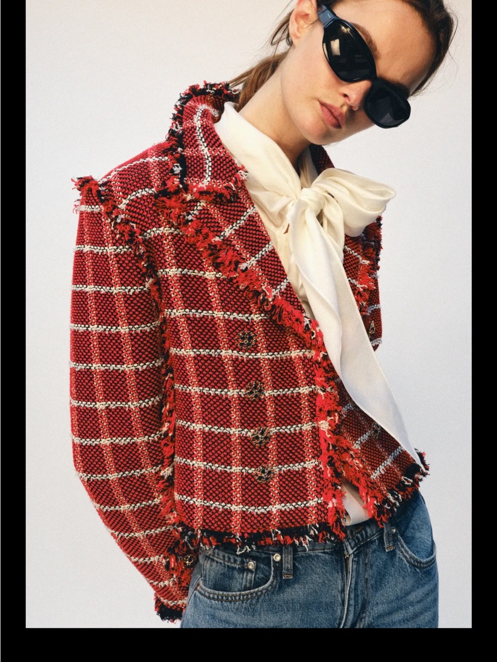 Zara Collection - Size S Red Black & White Tweed Fringed Double-Breasted Blazer
